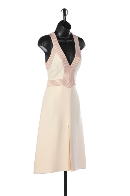 Gucci Silk Cream w Red Stitching V-Neck Sleeveless Midi Dress