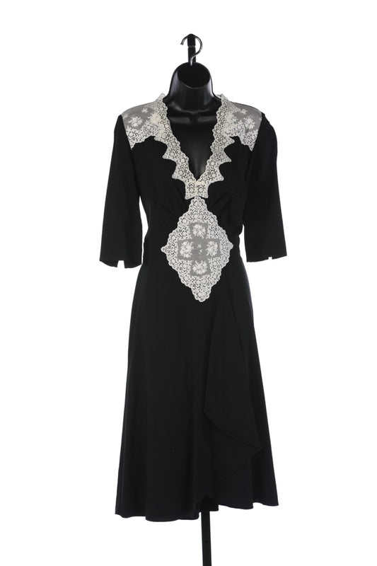 Mayle Black 3/4 Sleeve Midi Dress w/ White Lace Detail NWT