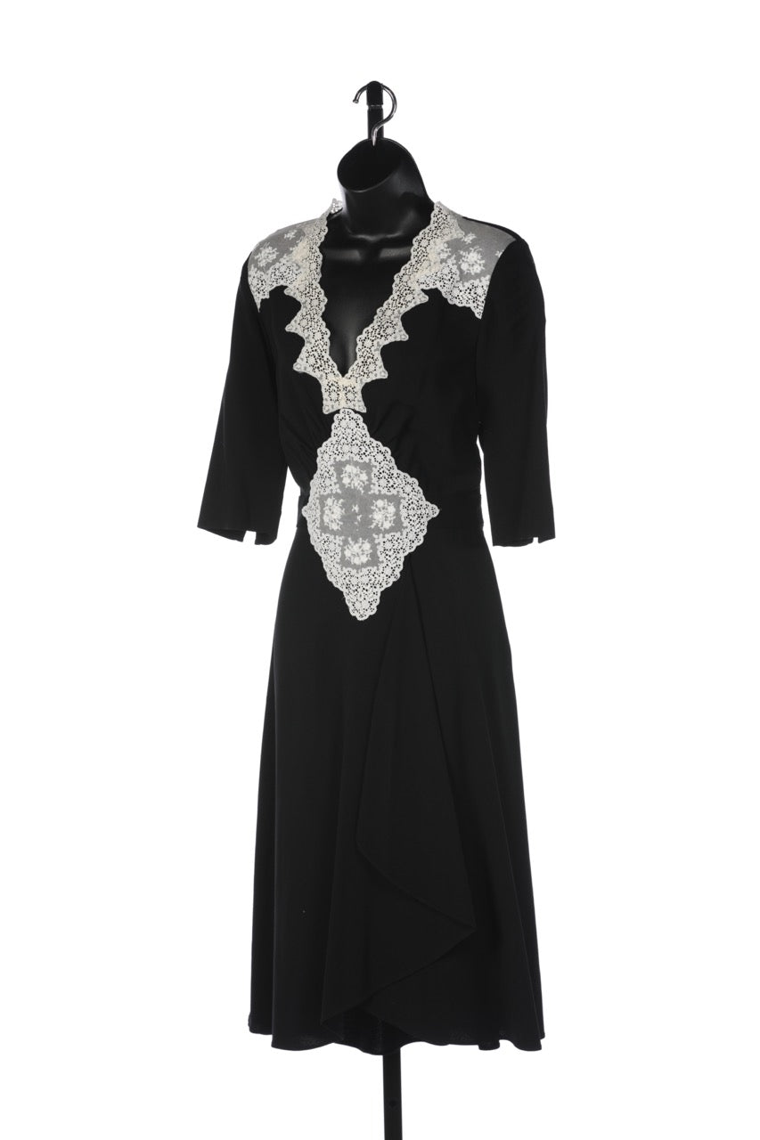 Mayle Black 3/4 Sleeve Midi Dress w/ White Lace Detail NWT