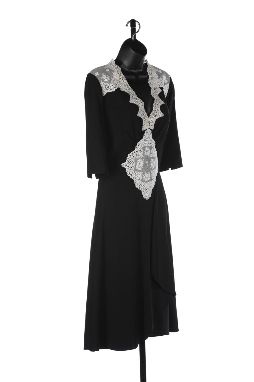 Mayle Black 3/4 Sleeve Midi Dress w/ White Lace Detail NWT