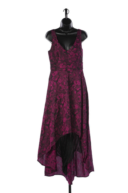 Pamella Roland Pink Purple Floral V-Neck Sleeveless Evening Gown w Asymmetrical Hem