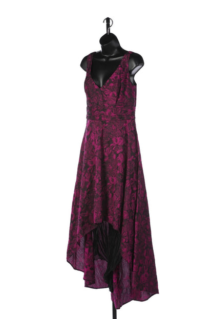 Pamella Roland Pink Purple Floral V-Neck Sleeveless Evening Gown w Asymmetrical Hem