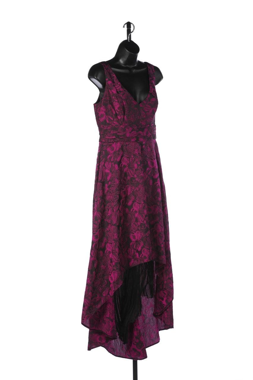 Pamella Roland Pink Purple Floral V-Neck Sleeveless Evening Gown w Asymmetrical Hem