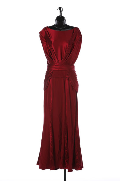 Pamella Roland Red Silk Gown w/ Waist Draping & Pleated Belt