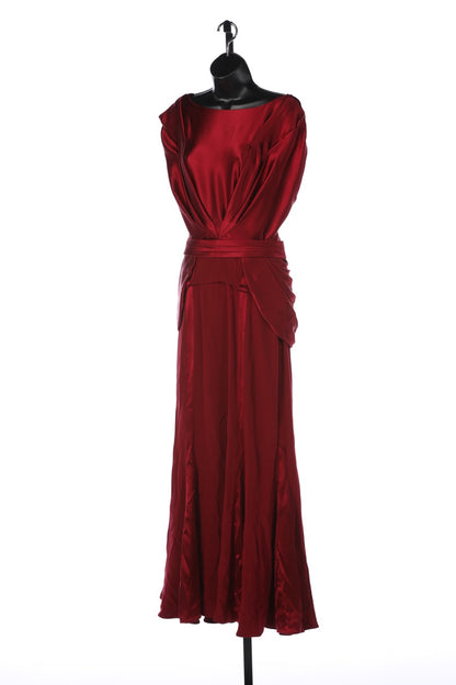 Pamella Roland Red Silk Gown w/ Waist Draping & Pleated Belt