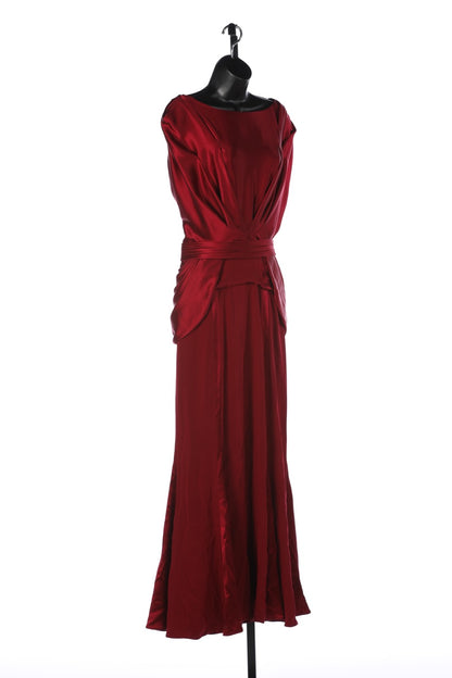 Pamella Roland Red Silk Gown w/ Waist Draping & Pleated Belt