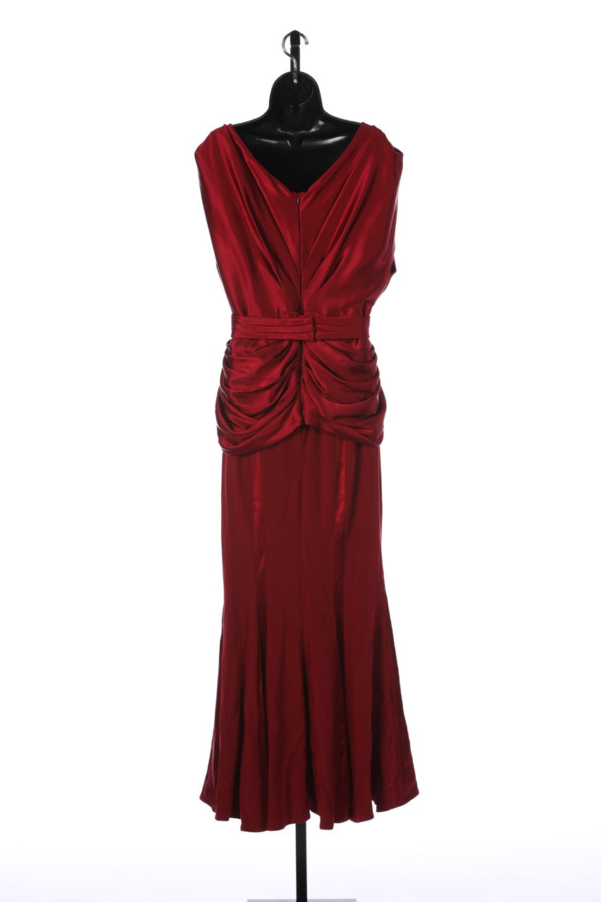 Pamella Roland Red Silk Gown w/ Waist Draping & Pleated Belt