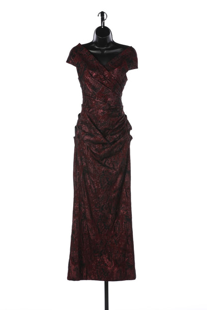 Teri Jon Maroon Sparkle Ruched Embroidery Cap Sleeve Ruched Cross Collar Full Length Dress