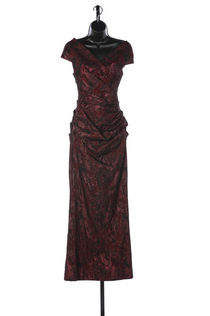 Teri Jon Maroon Sparkle Ruched Embroidery Cap Sleeve Ruched Cross Collar Full Length Dress