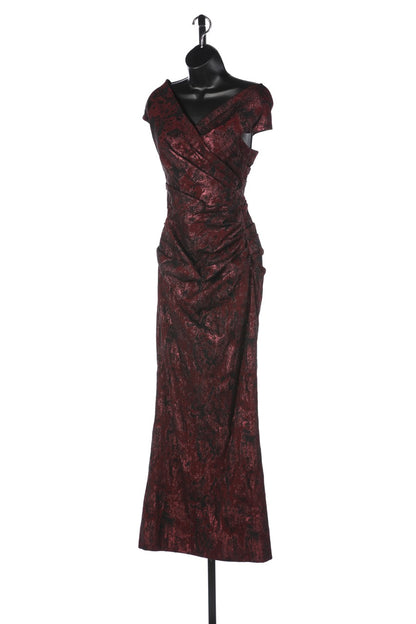 Teri Jon Maroon Sparkle Ruched Embroidery Cap Sleeve Ruched Cross Collar Full Length Dress