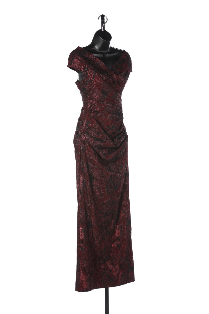 Teri Jon Maroon Sparkle Ruched Embroidery Cap Sleeve Ruched Cross Collar Full Length Dress