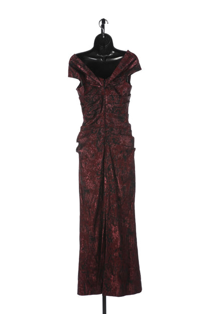 Teri Jon Maroon Sparkle Ruched Embroidery Cap Sleeve Ruched Cross Collar Full Length Dress