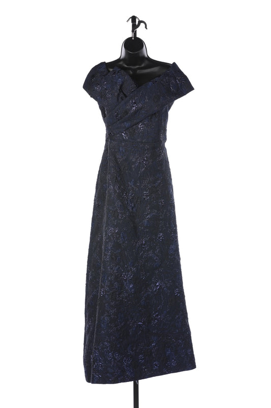 Teri Jon Navy Sparkle Embroidery Cap Sleeve Bow Cross Collar Full Length Dress