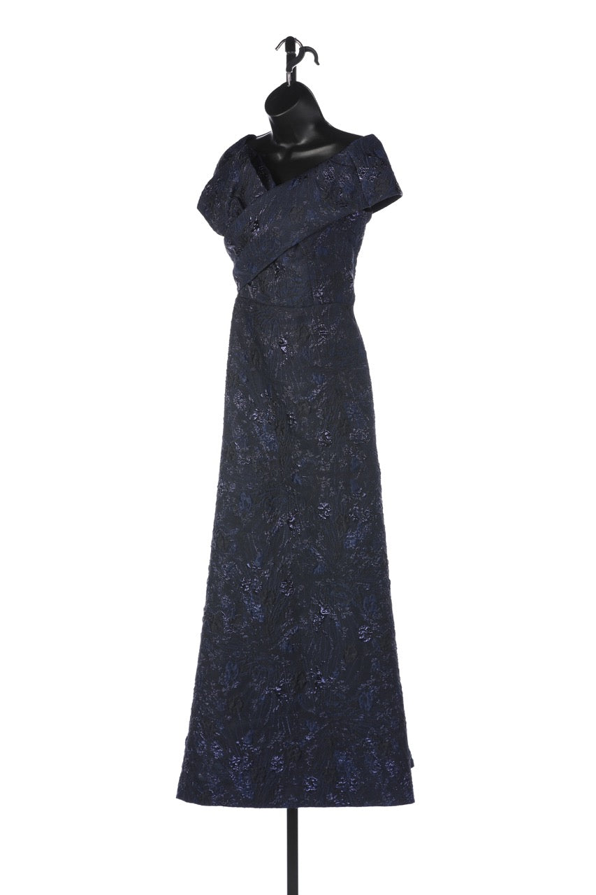 Teri Jon Navy Sparkle Embroidery Cap Sleeve Bow Cross Collar Full Length Dress