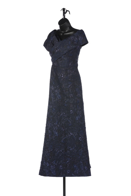 Teri Jon Navy Sparkle Embroidery Cap Sleeve Bow Cross Collar Full Length Dress