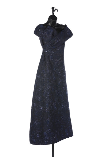 Teri Jon Navy Sparkle Embroidery Cap Sleeve Bow Cross Collar Full Length Dress