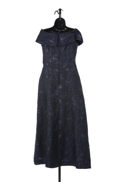 Teri Jon Navy Sparkle Embroidery Cap Sleeve Bow Cross Collar Full Length Dress