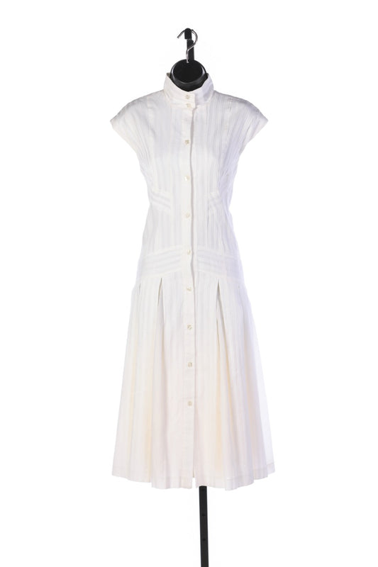 Pamella Roland White Sleeveless Mock Neck Button Up Midi Dress w Pleated Skirt