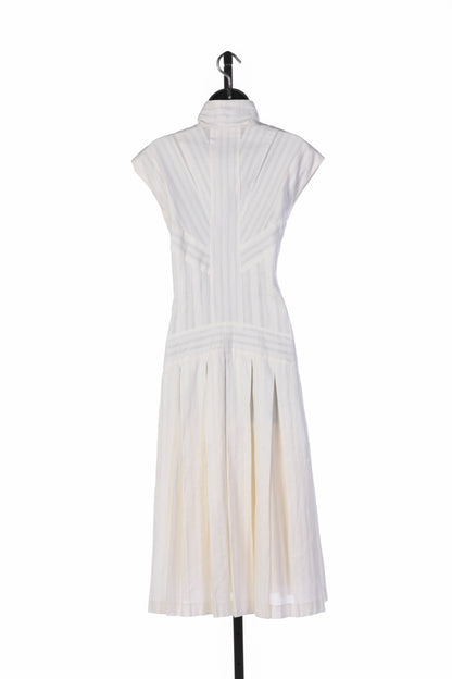 Pamella Roland White Sleeveless Mock Neck Button Up Midi Dress w Pleated Skirt