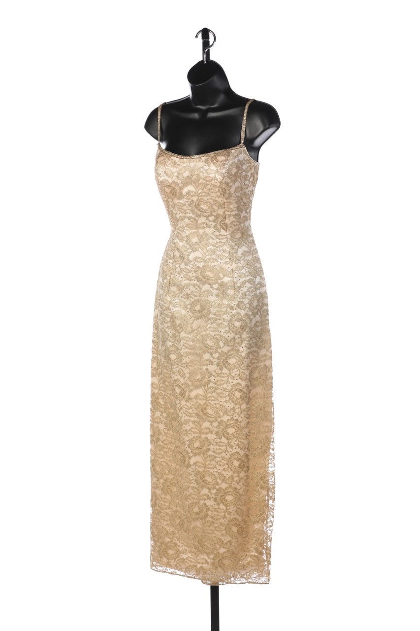 Michael Casey Couture Silk Gold Beaded/Sequined Sleeveless Cross Back Fitted Full-Length Gown