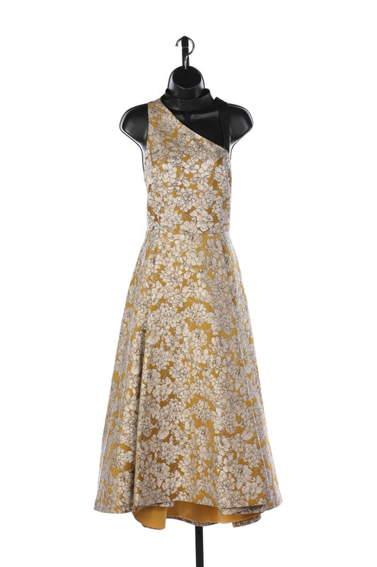 Alice + Olivia Gold w White Floral & Leather Strap Asymmetrical Neck Maxi Dress