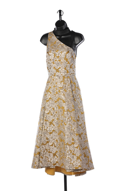 Alice + Olivia Gold w White Floral & Leather Strap Asymmetrical Neck Maxi Dress