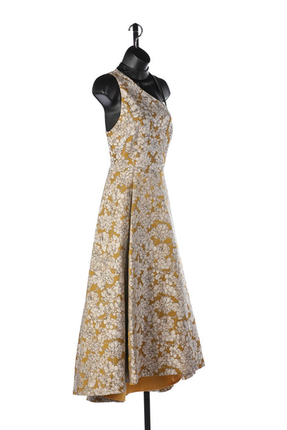 Alice + Olivia Gold w White Floral & Leather Strap Asymmetrical Neck Maxi Dress