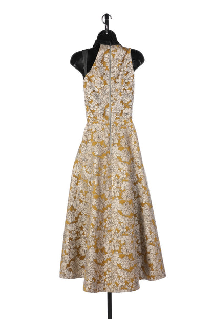 Alice + Olivia Gold w White Floral & Leather Strap Asymmetrical Neck Maxi Dress