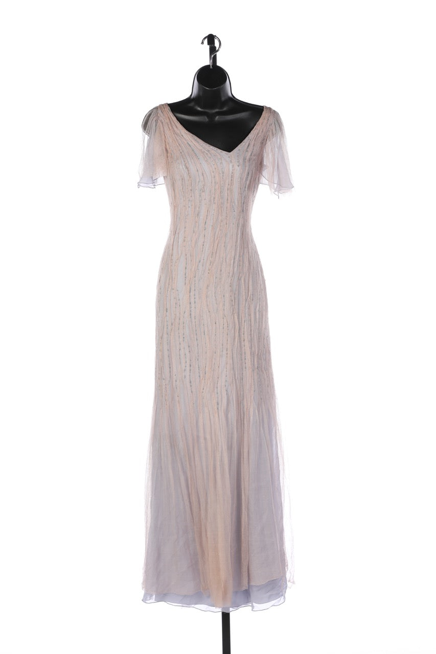 Richard Tyler Couture Silk Purple Gown w/ Tan Mesh Overlay & Glass Beads