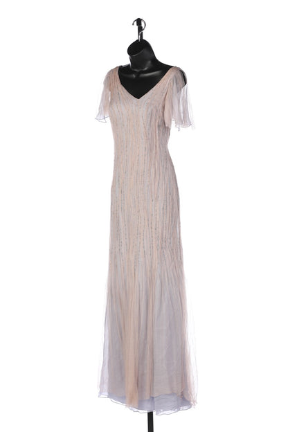 Richard Tyler Couture Silk Purple Gown w/ Tan Mesh Overlay & Glass Beads