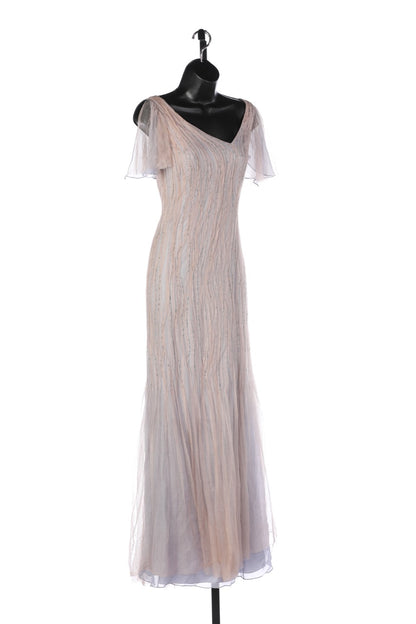 Richard Tyler Couture Silk Purple Gown w/ Tan Mesh Overlay & Glass Beads