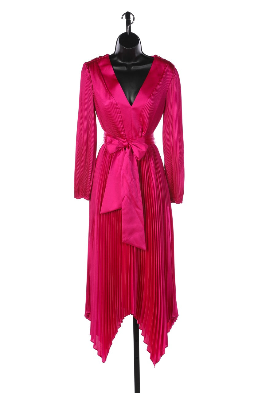 Milly Pink Satin Accordion Pleated V-Neck Long Sleeve Midi Dress NWT