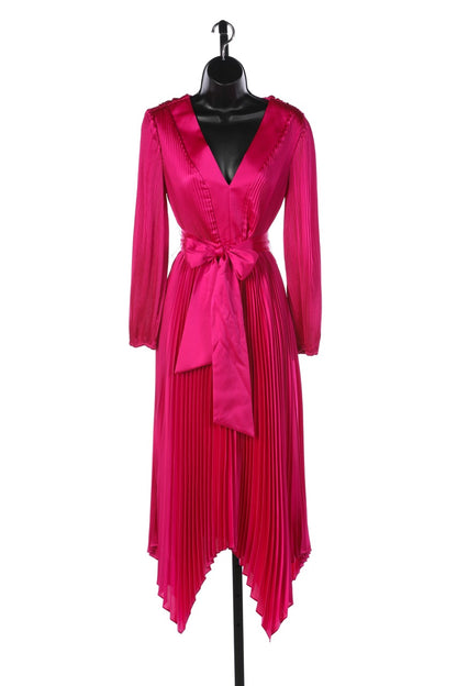 Milly Pink Satin Accordion Pleated V-Neck Long Sleeve Midi Dress NWT