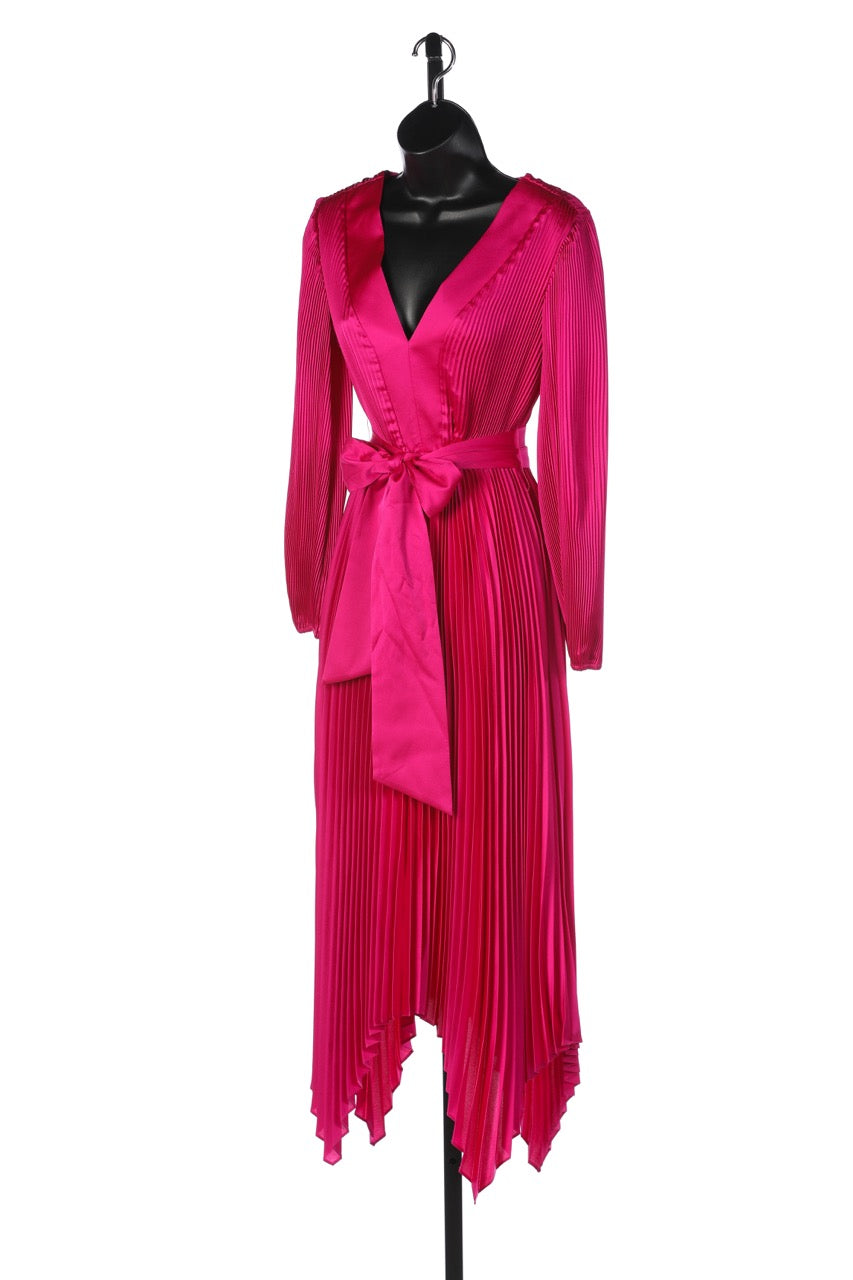 Milly Pink Satin Accordion Pleated V-Neck Long Sleeve Midi Dress NWT