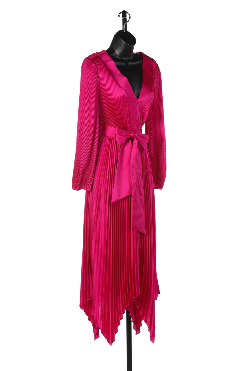 Milly Pink Satin Accordion Pleated V-Neck Long Sleeve Midi Dress NWT