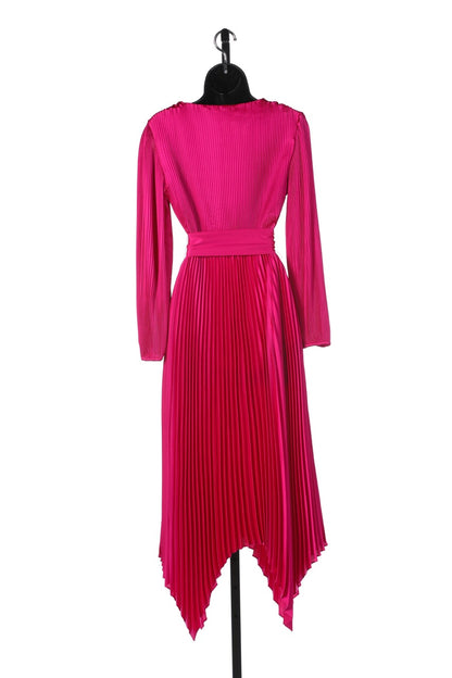 Milly Pink Satin Accordion Pleated V-Neck Long Sleeve Midi Dress NWT