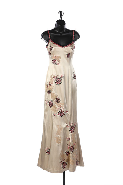 Mandalay Champagne Sleeveless Gown w/ Red & Black Floral Embroidery NWT