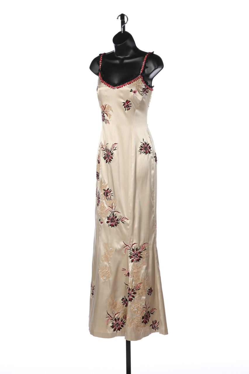 Mandalay Champagne Sleeveless Gown w/ Red & Black Floral Embroidery NWT