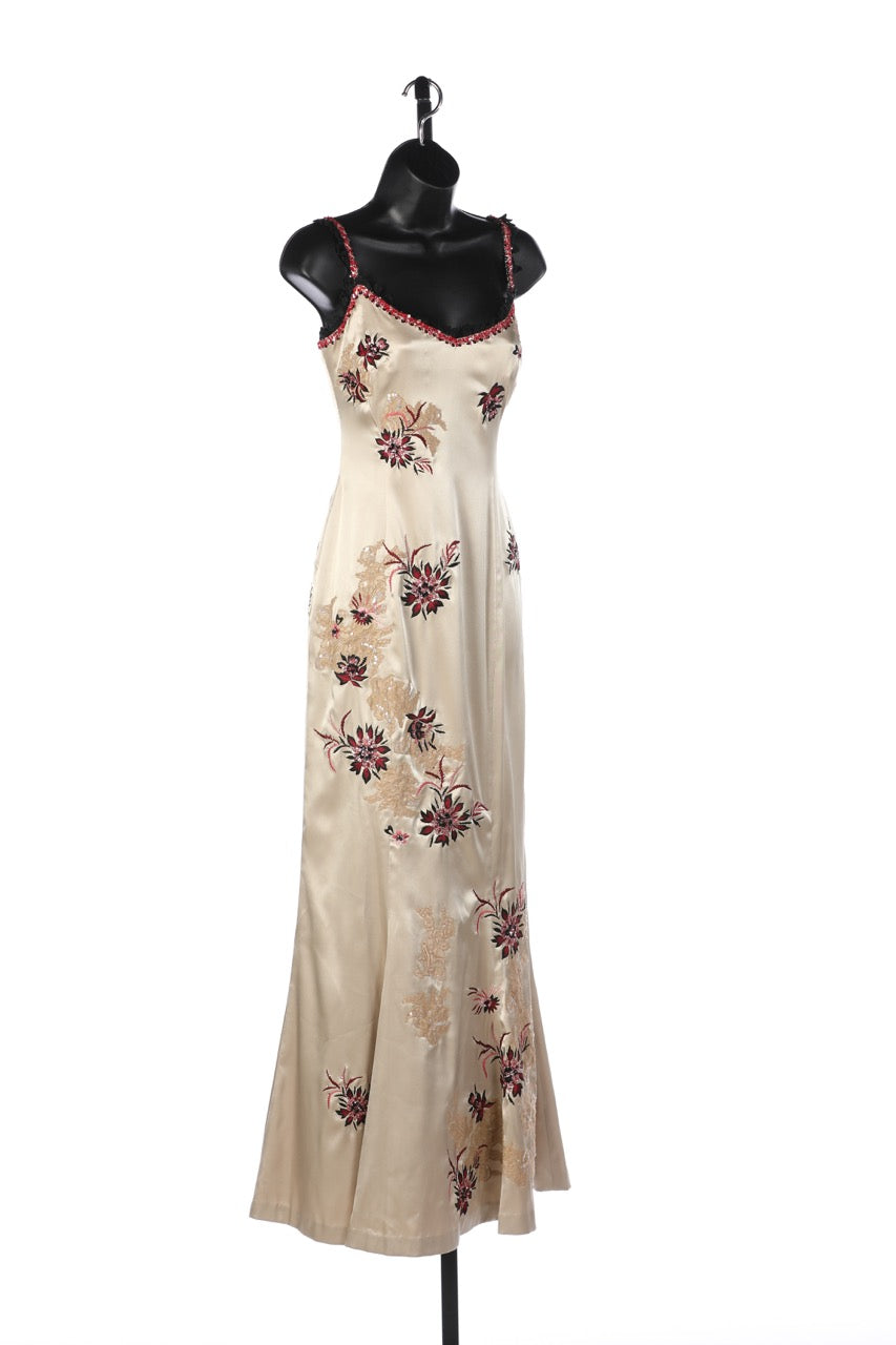 Mandalay Champagne Sleeveless Gown w/ Red & Black Floral Embroidery NWT