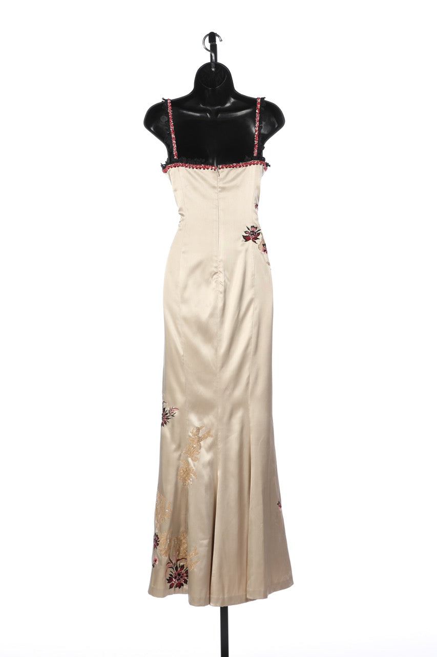 Mandalay Champagne Sleeveless Gown w/ Red & Black Floral Embroidery NWT