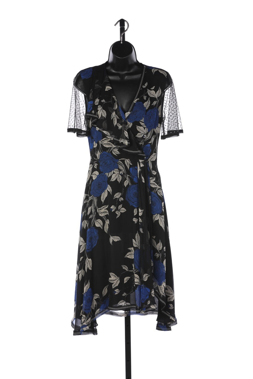 Jason Wu Black w Blue Rose Short Mesh Sleeve Midi Dress w Ruffle Accents