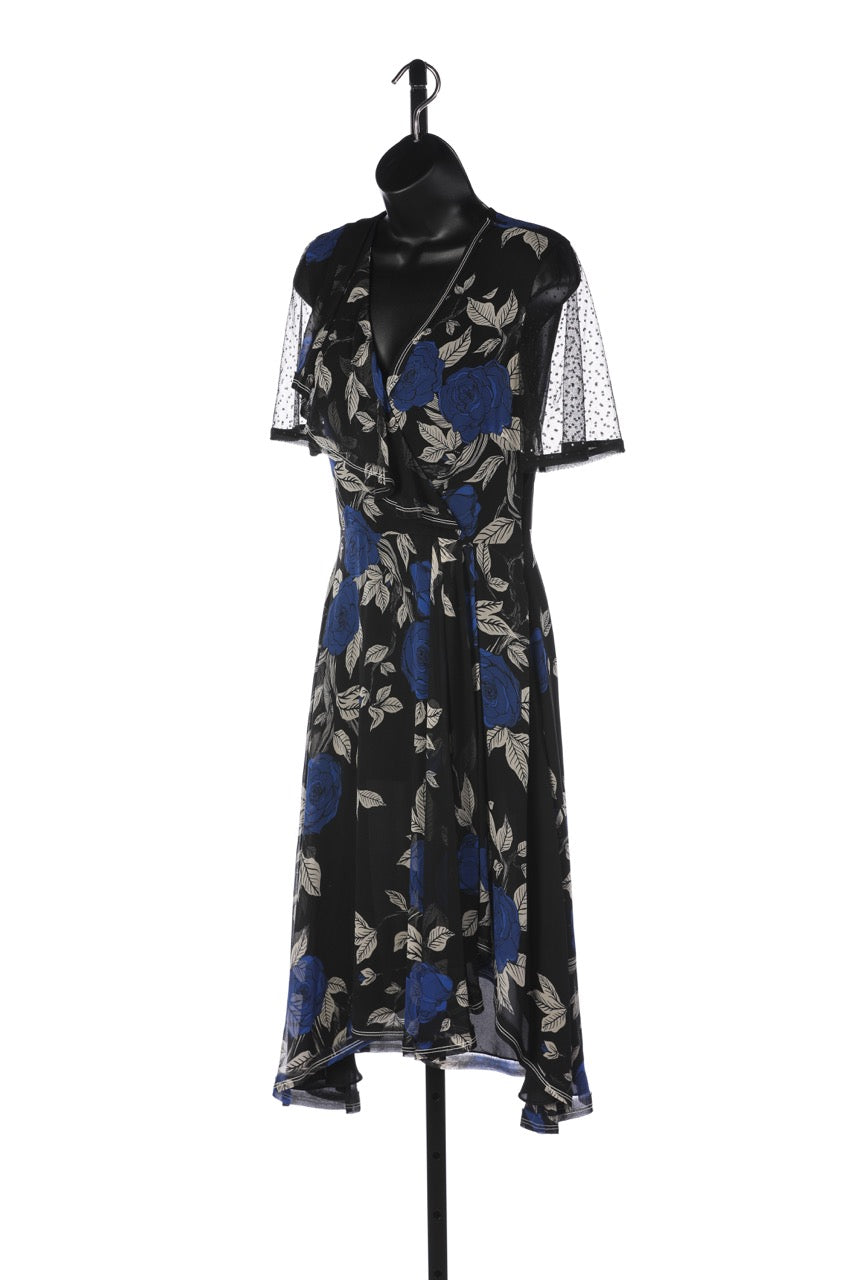 Jason Wu Black w Blue Rose Short Mesh Sleeve Midi Dress w Ruffle Accents