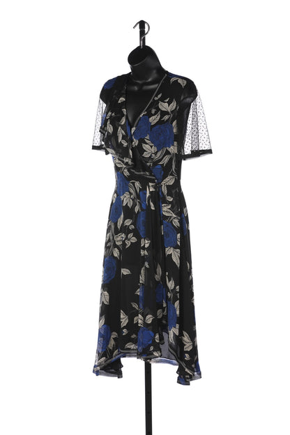 Jason Wu Black w Blue Rose Short Mesh Sleeve Midi Dress w Ruffle Accents