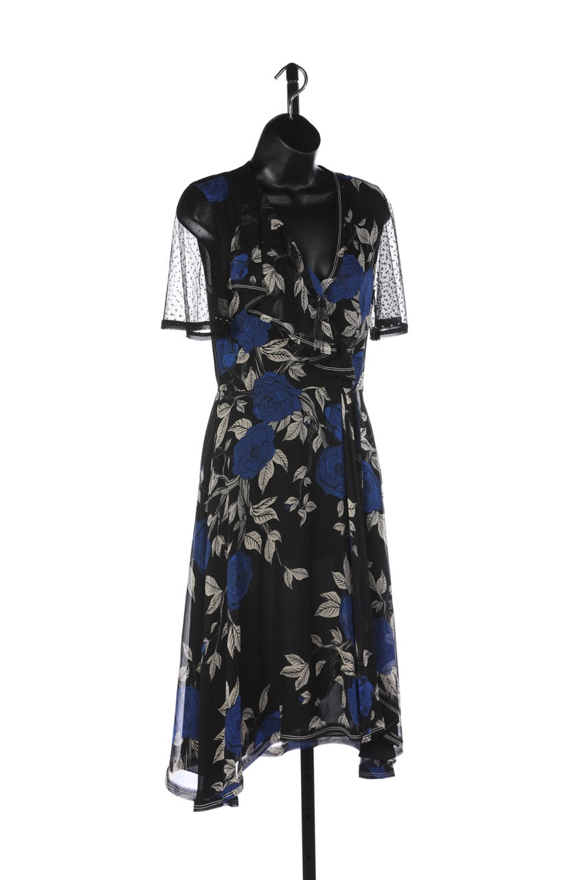 Jason Wu Black w Blue Rose Short Mesh Sleeve Midi Dress w Ruffle Accents