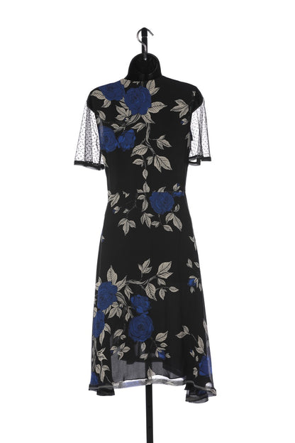 Jason Wu Black w Blue Rose Short Mesh Sleeve Midi Dress w Ruffle Accents