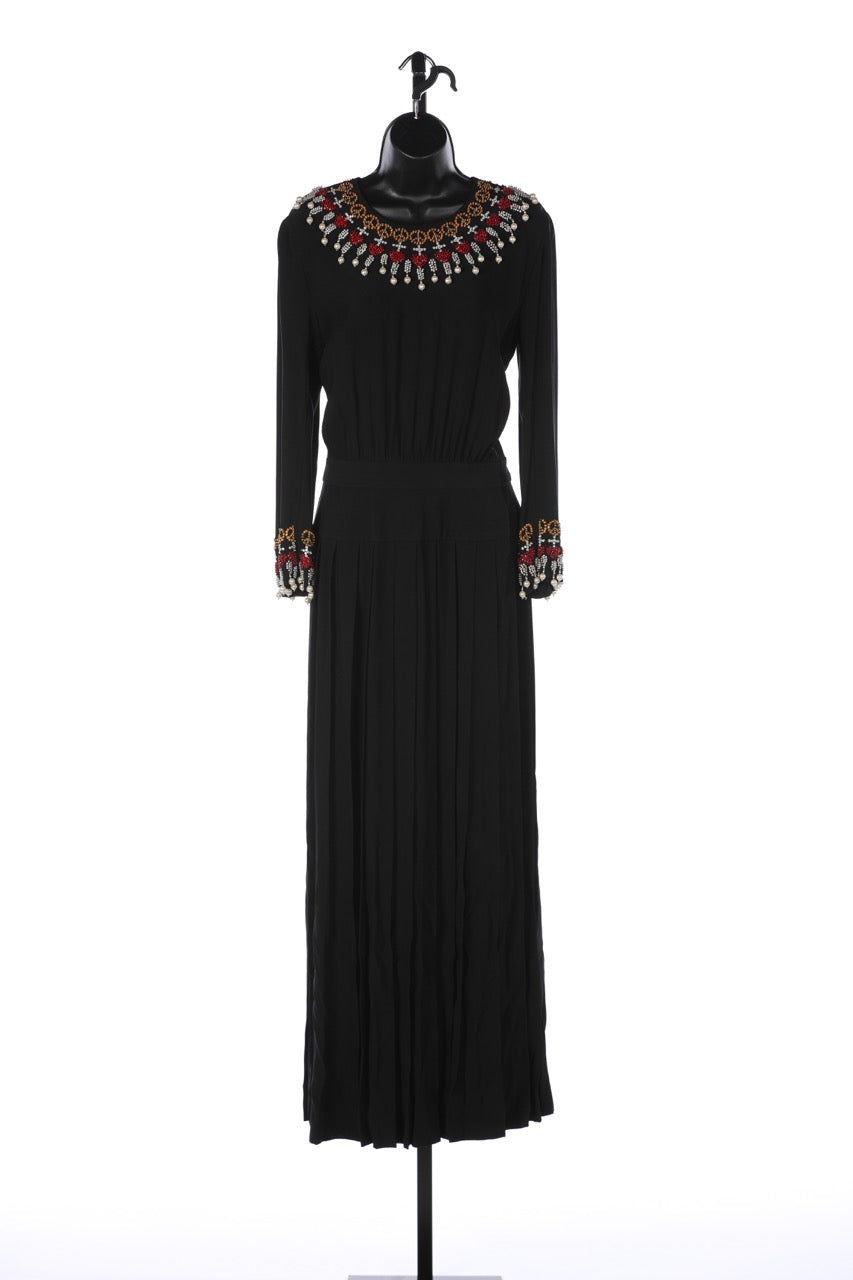 Moschino Couture Black Long-Sleeve Gown w/ Peace Signs & Heart Beading