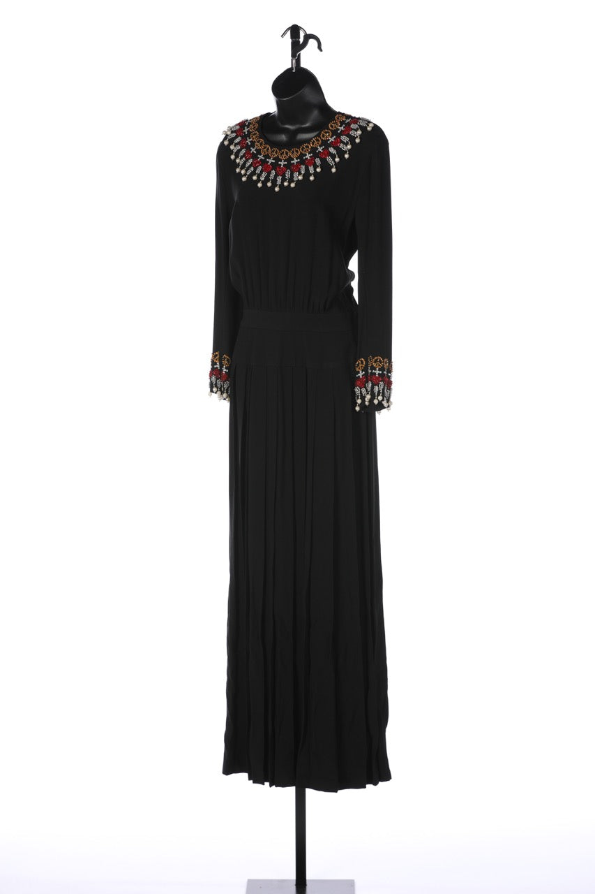 Moschino Couture Black Long-Sleeve Gown w/ Peace Signs & Heart Beading