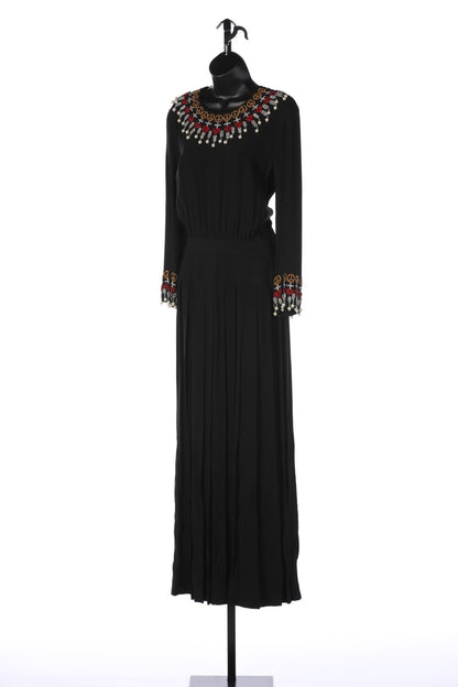 Moschino Couture Black Long-Sleeve Gown w/ Peace Signs & Heart Beading