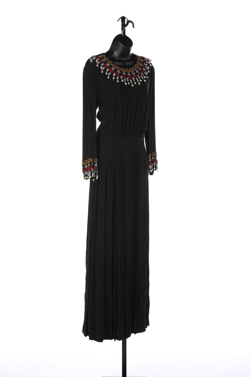 Moschino Couture Black Long-Sleeve Gown w/ Peace Signs & Heart Beading