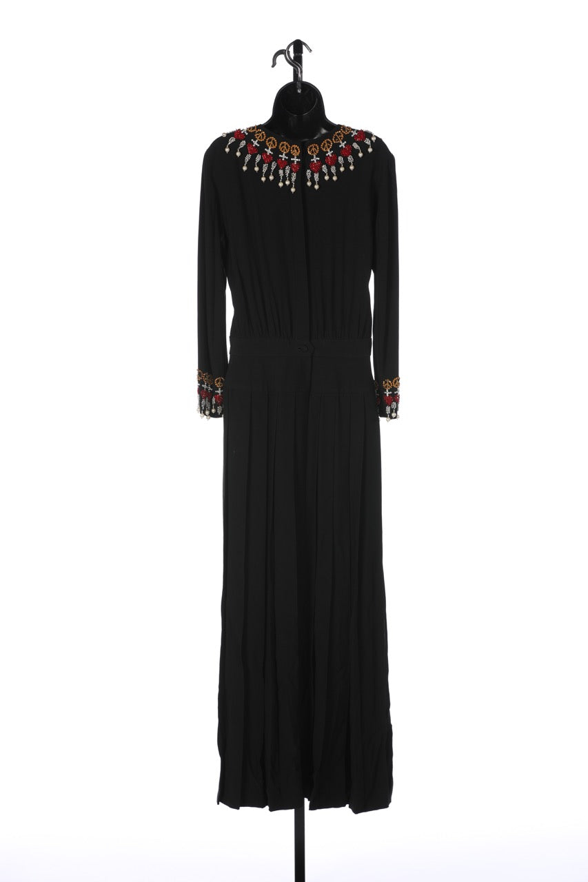 Moschino Couture Black Long-Sleeve Gown w/ Peace Signs & Heart Beading